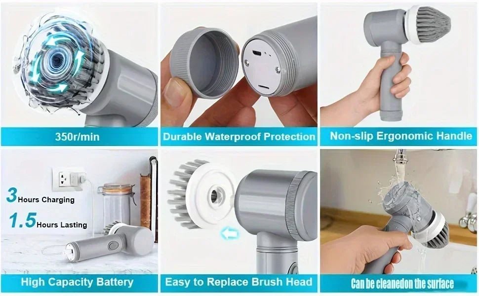 Electric Cordless Cleaning Brush with 5 Replaceable Heads