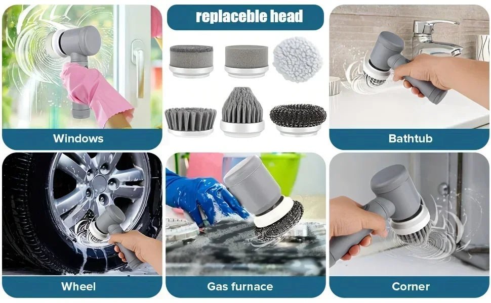 Electric Cordless Cleaning Brush with 5 Replaceable Heads